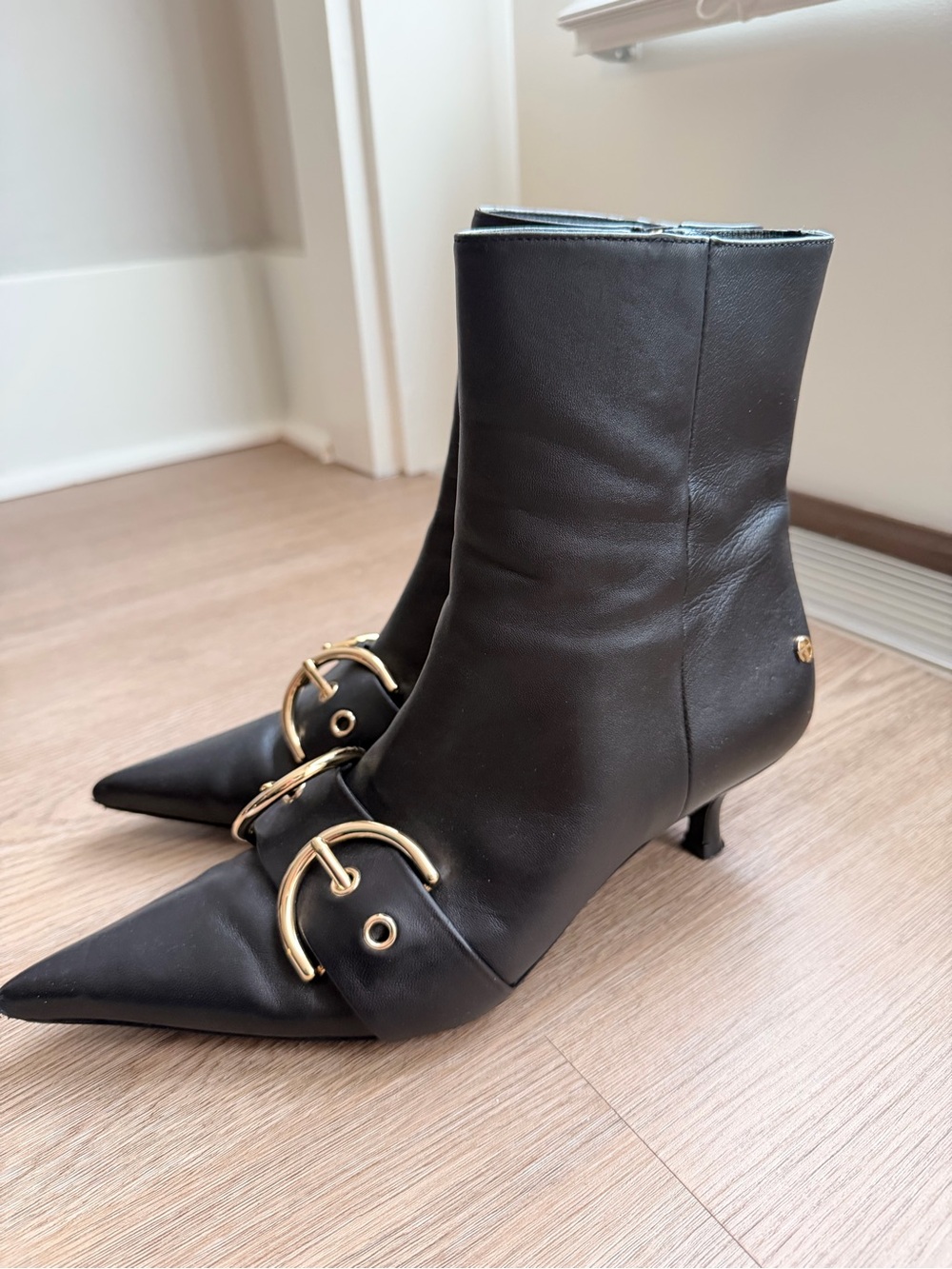Black Pointed-Toe Leather Ankle Boots with Gold Buckles